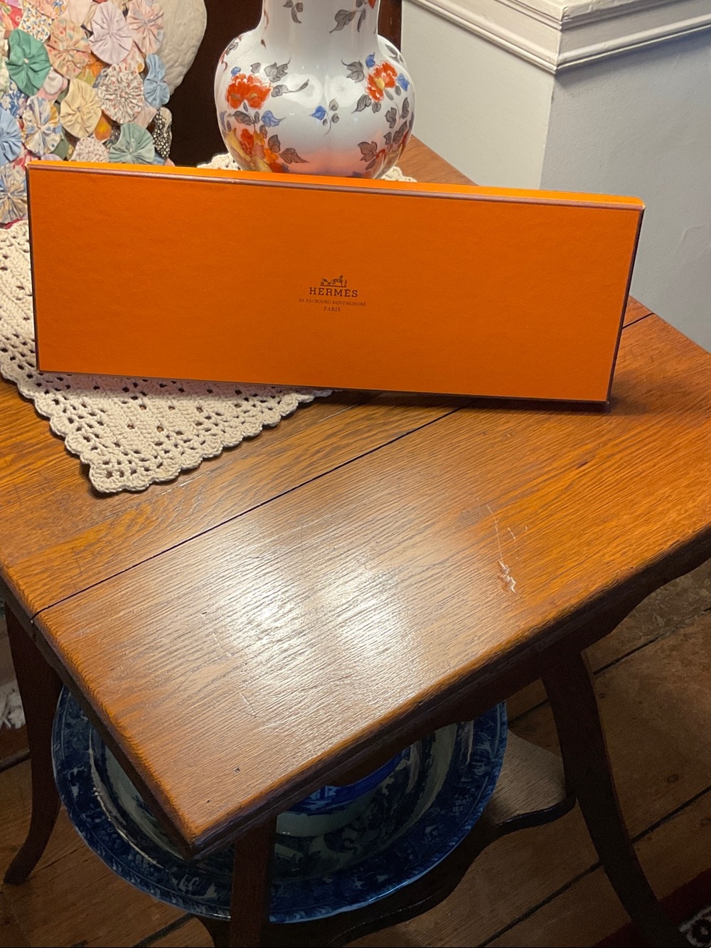 Vintage Hermes 90s Orange Tie Box With Tissue And Ribbon.